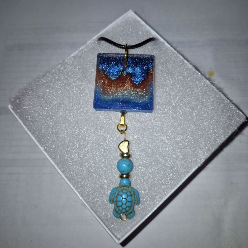 Artistic Blue and Gold Resin Pendant With Blue Turtle Necklace